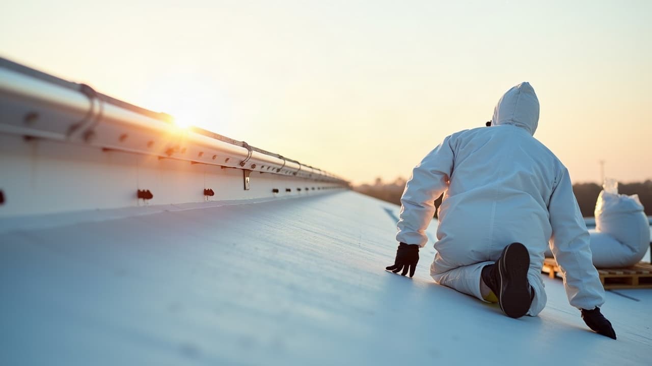 Opérateur en combinaison blanche et masque de protection sur une toiture sécurisée par garde-corps, big bags filmés au sol